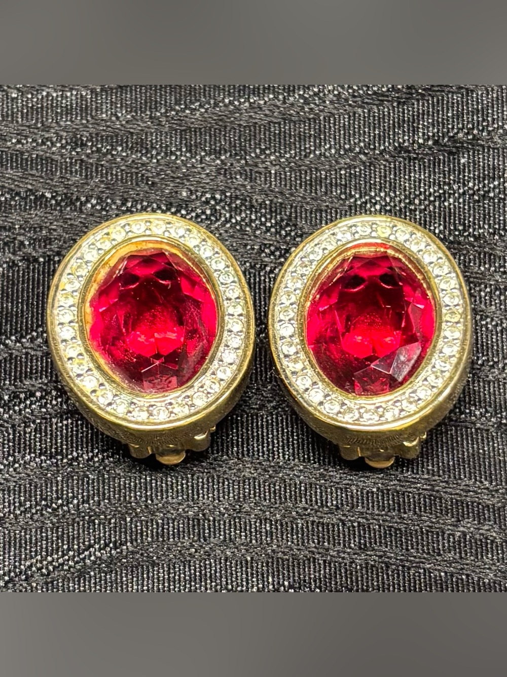 Vintage D.S. Co. Daniel Swarovski Ruby Red Rhinestone Halo Oval Clip On Earrings